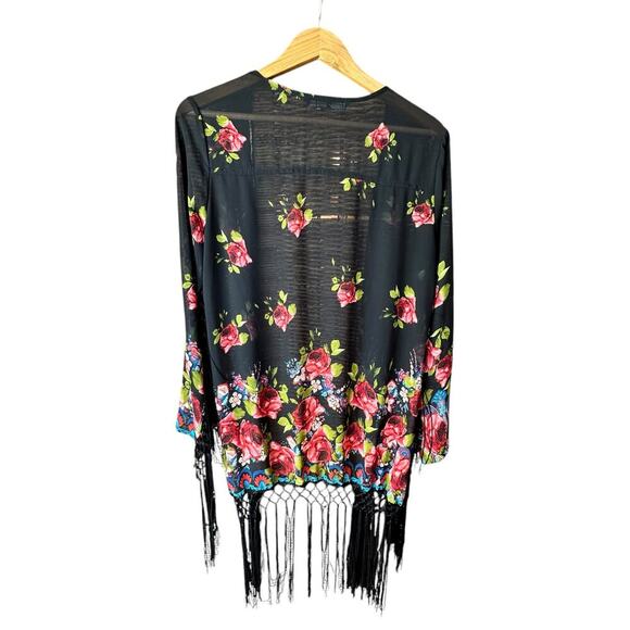 ZARA x Womens Black Floral Fringe Jacket Kimono Sz Large/Oversized - Picture 3 of 4
